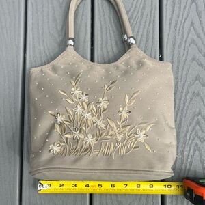 Beige Floral Embroidered Shoulder Bag with Top Handles
